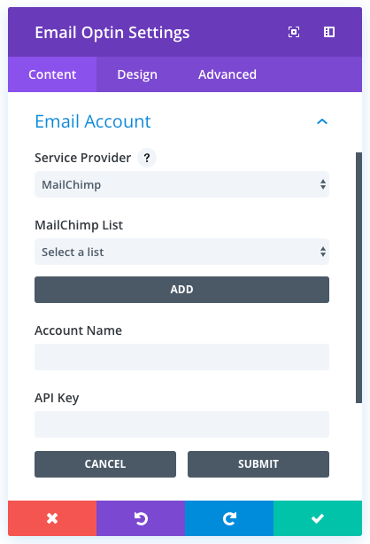 Divi e-mail marketing accounts
